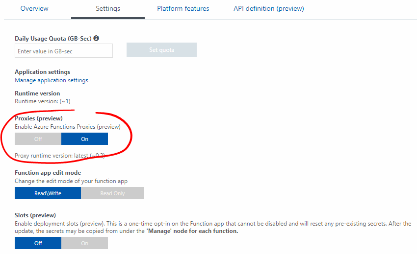 Enable Azure Functions Proxies